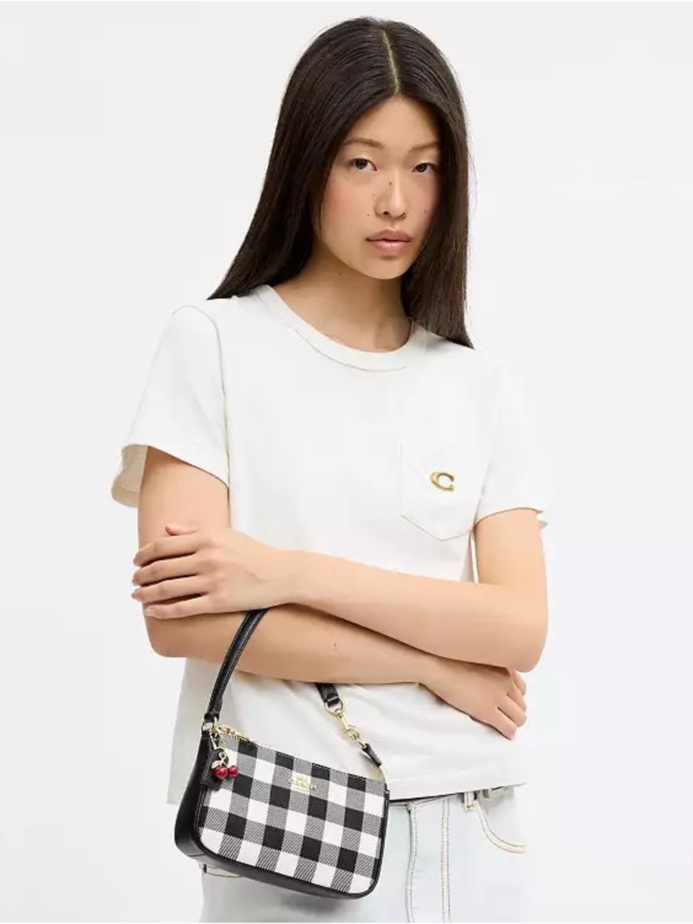 New Coach Black and White Gingham Nolita 19 Bag with Cherry Charm - Picture 2 of 10